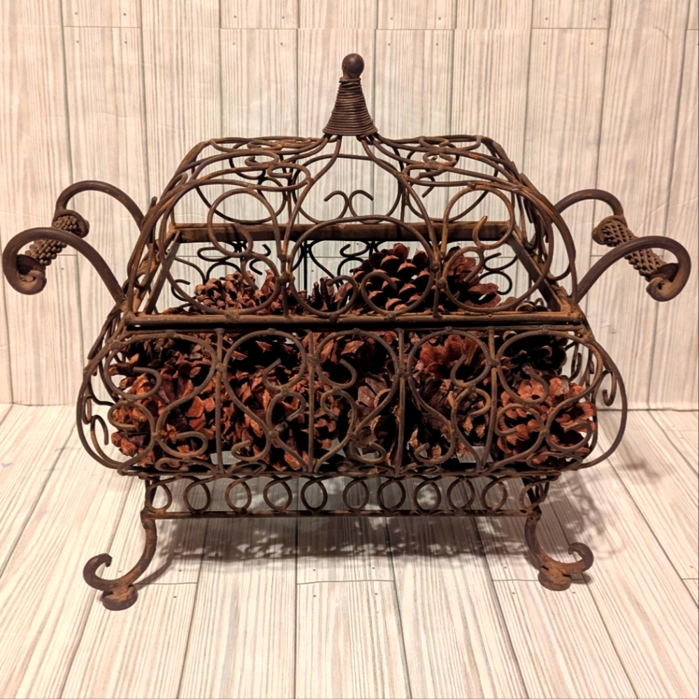 Elegant Vintage Wrought Iron Basket With Lid 16"x9" With Pine Cones